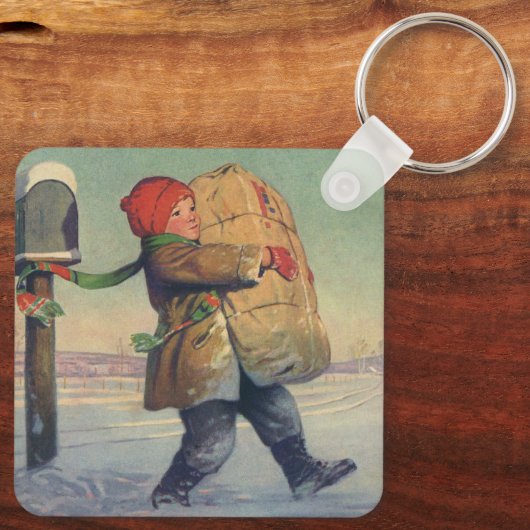 Oud Kerstmis, kind met groot pakket Sleutelhanger (Achterkant)