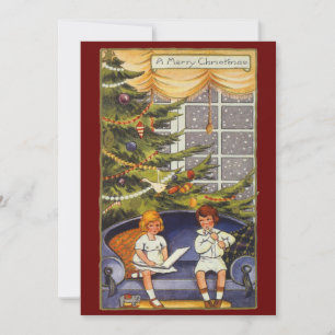 Oud Kerstmis, Kinderen die op een bank zitten Kaart