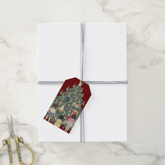 Oud Kerstmis Kinderen rond een versierde boom Cadeaulabel (Met Touw)