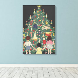 Oud Kerstmis Kinderen Rondom een Versierde Boom Canvas Afdruk