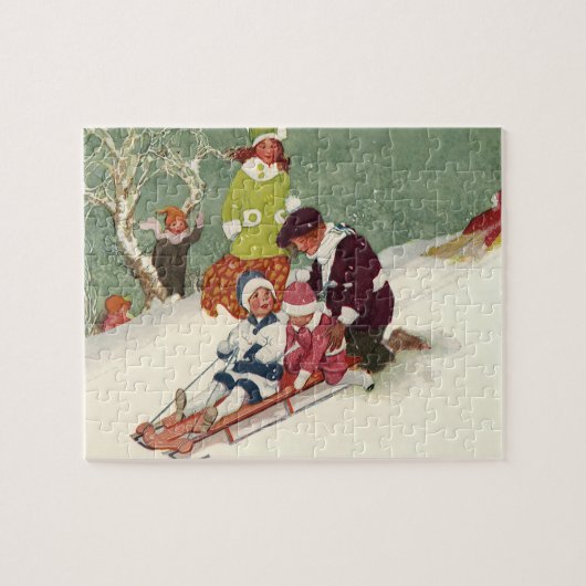 Oud Kerstmis, Kinderen Sleden in de Sneeuw Legpuzzel (Horizontaal)
