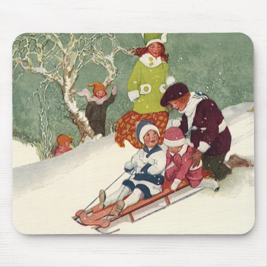 Oud Kerstmis, Kinderen Sleden in de Sneeuw Muismat (Voorkant)