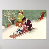 Oud Kerstmis, Kinderen Sleden in de Sneeuw Poster (Voorkant)