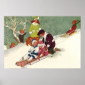 Oud Kerstmis, Kinderen Sleden in de Sneeuw Poster (Voorkant)