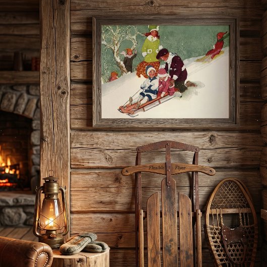 Oud Kerstmis, Kinderen Sleden in de Sneeuw Poster