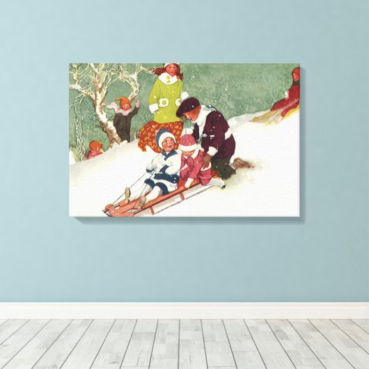 Oud Kerstmis, Kinderen sleeën in de Sneeuw Canvas Afdruk (Insitu (Houten vloer))