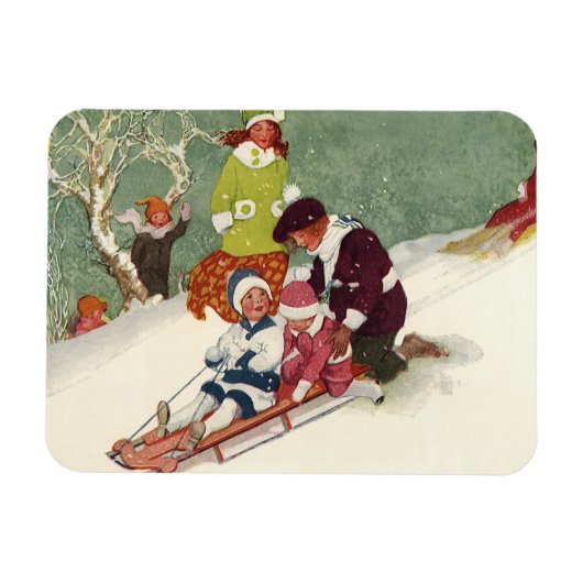 Oud Kerstmis, Kinderen sleeën in de sneeuw Magneet (Horizontaal)