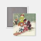 Oud Kerstmis, Kinderen sleeën in de sneeuw Magneet (Voorkant / Achterkant)