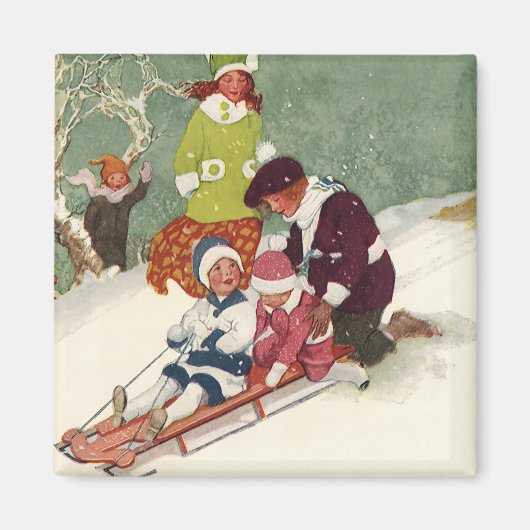 Oud Kerstmis, Kinderen sleeën in de sneeuw Magneet (Voorkant)