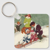 Oud Kerstmis, Kinderen sleeën in de sneeuw Sleutelhanger (Voorkant)