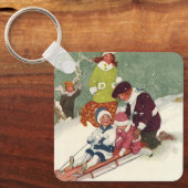 Oud Kerstmis, Kinderen sleeën in de sneeuw Sleutelhanger (Voorkant)