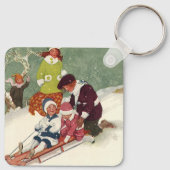Oud Kerstmis, Kinderen sleeën in de sneeuw Sleutelhanger (Achterkant)