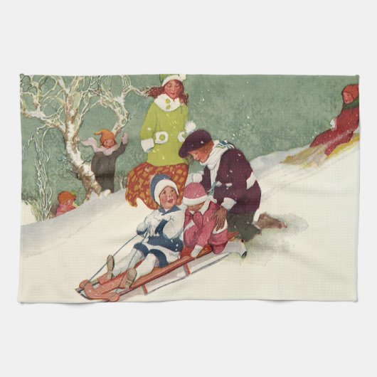 Oud Kerstmis, kinderen sleeën in de sneeuw Theedoek (Horizontaal)