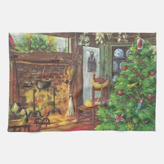 Oud Kerstmis, knus blokhut met open haard Theedoek (Horizontaal)