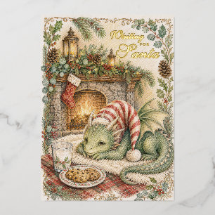 Oud Kerstmis Lief Baby Draak Wachtende Kerstman Folie Feestdagenkaart