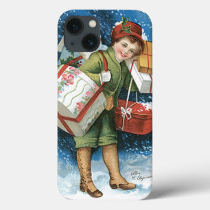 Oud Kerstmis, Meisje met Cadeaus in Winterse Sneeu iPhone 13 Hoesje