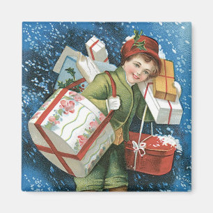 Oud Kerstmis, Meisje met Cadeaus in Winterse Sneeu Magneet