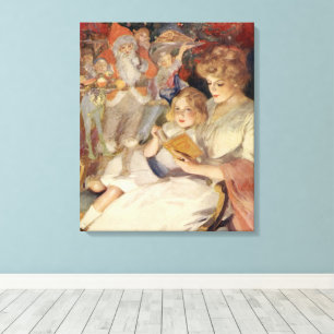 Oud Kerstmis, Moeder leest bedtijdverhaal Canvas Afdruk