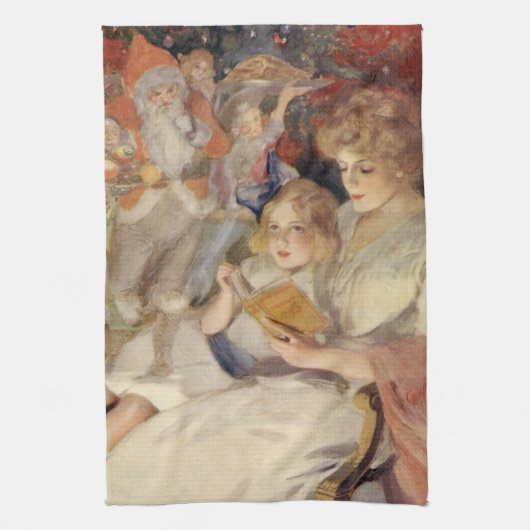 Oud Kerstmis, moeder leest bedtijdverhaal Theedoek (Verticaal)