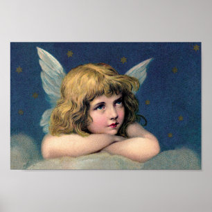 Oud Kerstmis, Mooie Engel met Gouden Sterren Poster