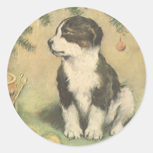 Oud Kerstmis, Mopshond onder Kerstboom Ronde Sticker (Voorkant)