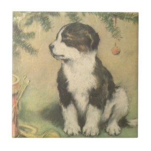 Oud Kerstmis, Mopshond onder Kerstboom Tegeltje