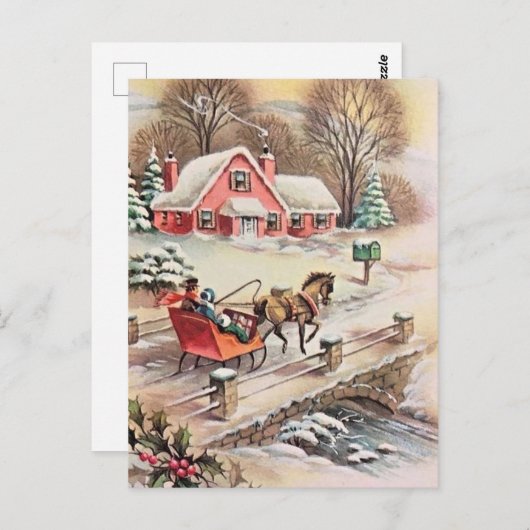 Oud Kerstmis Paard & Koets Brug Sneeuw Briefkaart (Voorkant / Achterkant)