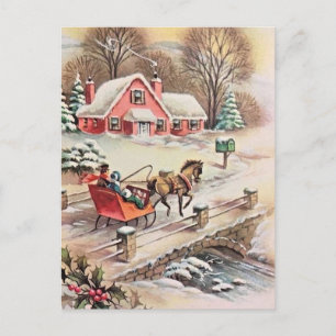 Oud Kerstmis Paard & Koets Brug Sneeuw Briefkaart