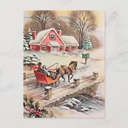 Oud Kerstmis Paard & Koets Brug Sneeuw Briefkaart (Voorkant)