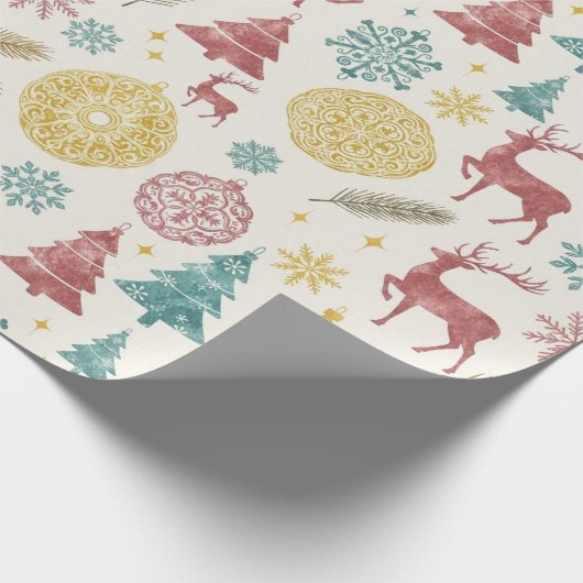 Oud Kerstmis Rendier & Ornamenten Patroon Cadeaupapier (Hoek)