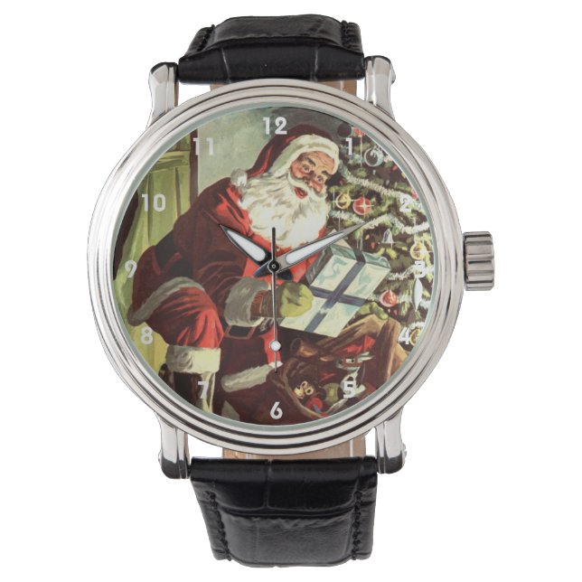 Oud Kerstmis, Retro Kerstman met Cadeaus Horloge (Voorkant)