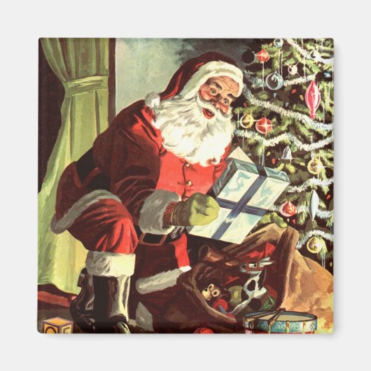 Oud Kerstmis, Retro Kerstman met Cadeaus Magneet (Voorkant)