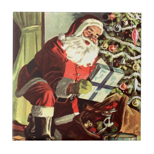 Oud Kerstmis, Retro Kerstman met Cadeaus Tegeltje (Voorkant)