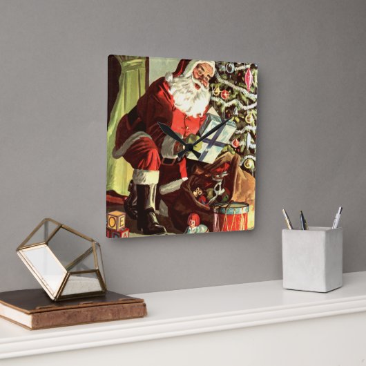 Oud Kerstmis, Retro Kerstman met Cadeaus Vierkante Klok (Kantoor)