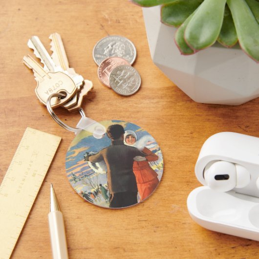 Oud Kerstmis, romantisch paar schaatsen Sleutelhanger (Bureau)