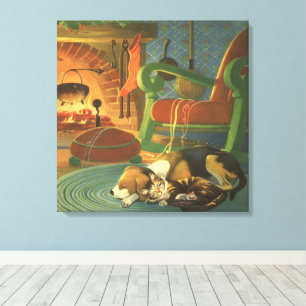 Oud Kerstmis, Slapende Dieren bij de Haard Canvas Afdruk
