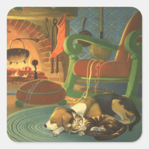 Oud Kerstmis, Slapende Dieren bij de Haard Vierkante Sticker
