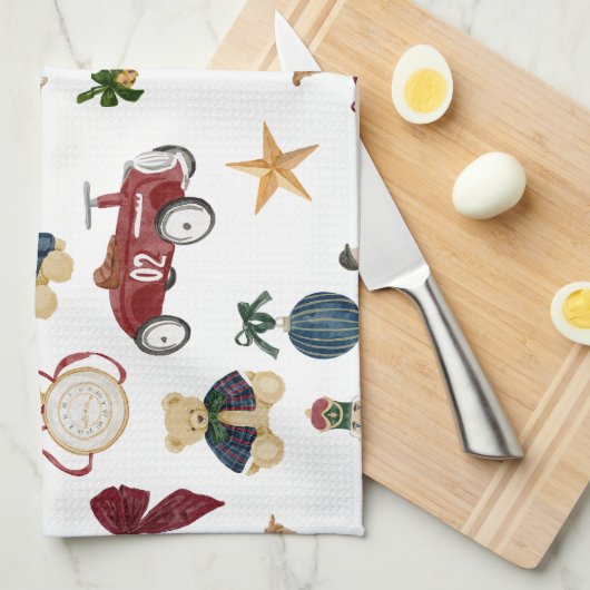 Oud Kerstmis Speelgoed Patroon Theedoek (Quarter Fold)