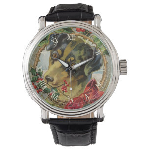 Oud Kerstmis, Teckel Puppy Hond met Hulst Horloge