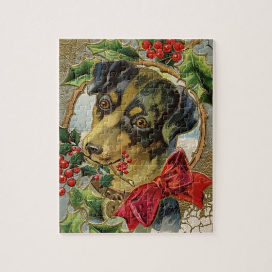 Oud Kerstmis, Teckel Puppy Hond met Hulst Legpuzzel (Verticaal)