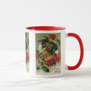 Oud Kerstmis, Teckel Puppy Hond met Hulst Mok