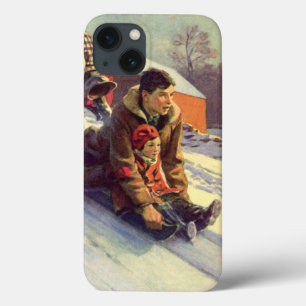 Oud Kerstmis, Vader en Dochter Sledden iPhone 13 Hoesje