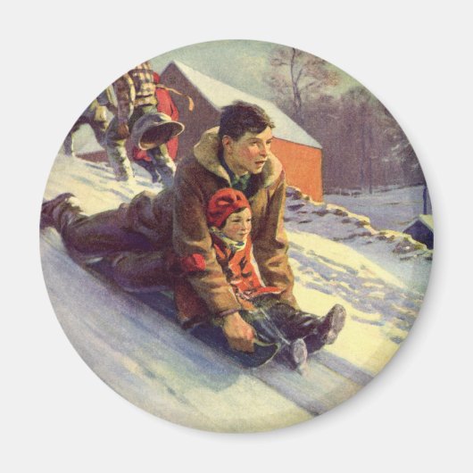 Oud Kerstmis, Vader en Dochter Sleden Magneet (Voorkant)
