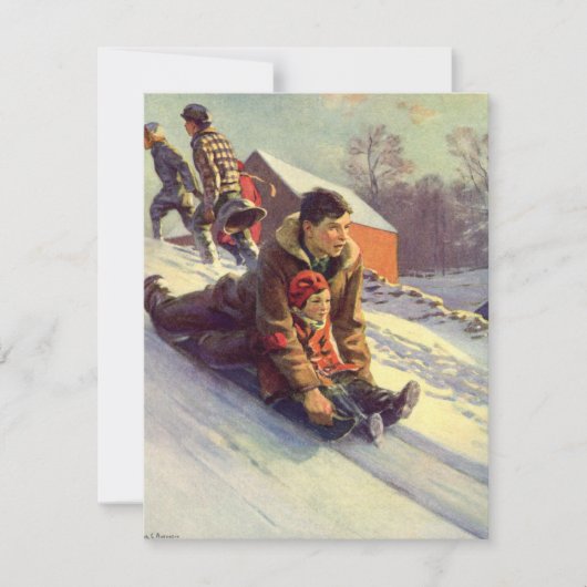 Oud Kerstmis, vader en dochter sleeën Feestdagenkaart (Voorkant)