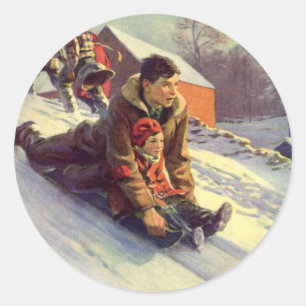 Oud Kerstmis, vader en dochter sleeën Ronde Sticker