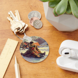 Oud Kerstmis, vader en dochter sleeën Sleutelhanger