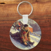 Oud Kerstmis, vader en dochter sleeën Sleutelhanger (Voorkant)