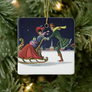 Oud Kerstmis, Verliefd Paar Schaatsen Keramisch Ornament
