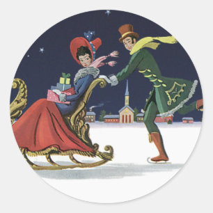 Oud Kerstmis, Verliefd Paar Schaatsen Ronde Sticker