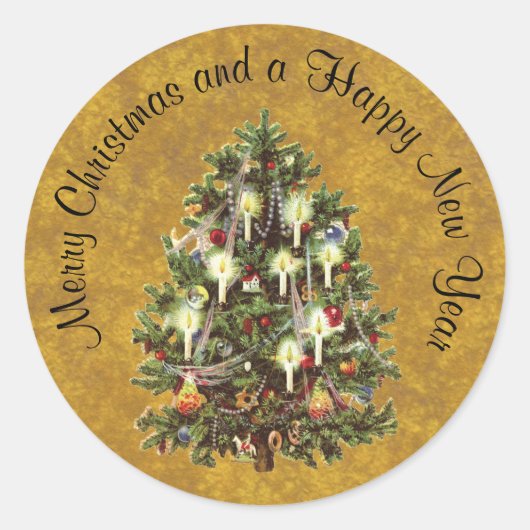 Oud Kerstmis, Versierde Victoriaanse Boom Ronde Sticker (Voorkant)